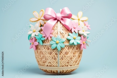 Charming wicker easter basket decorated with a pink bow and spring flowers against soft blue