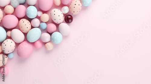 Pastel easter eggs mixed with colorful candy beads on a soft pink background, suitable for holiday themes