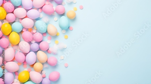 A joyful assortment of colorful easter eggs scattered across a light blue background with copy space