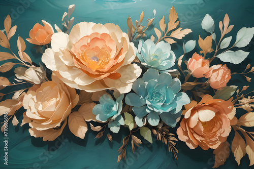 Beautiful assortment of flowers on a light background with space for text. Frame of flowers, buds and branches. Flat lay, top view. Generative AI.