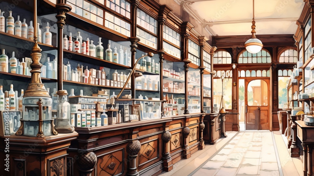 Pharmacy Interior with Wooden Shelves and Glass Jars