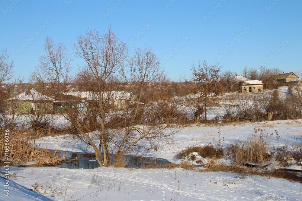 A snowy landscape with trees and buildings A snowy landscape with trees and buildings