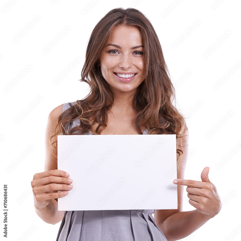 Paper, mockup and portrait of happy woman with hand pointing to space in studio on white background. Empty, poster and face of female model with presentation gesture, deal or platform, guide or offer Paper, mockup and portrait of happy woman with hand pointing to space in studio on white background. Empty, poster and face of female model with presentation gesture, deal or platform, guide or offer