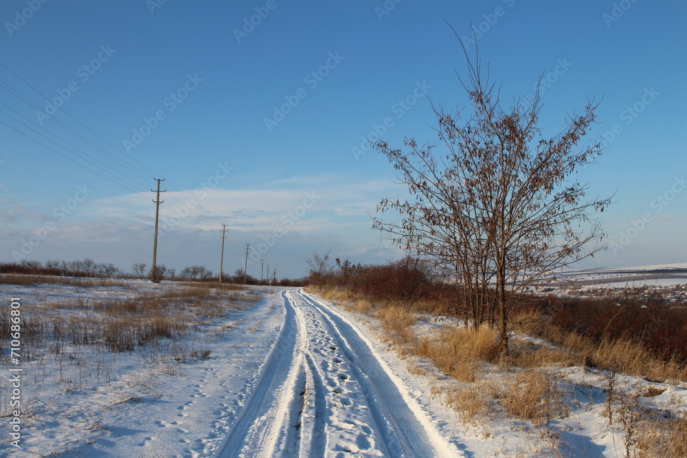 Obraz premium A snowy road with a tree
