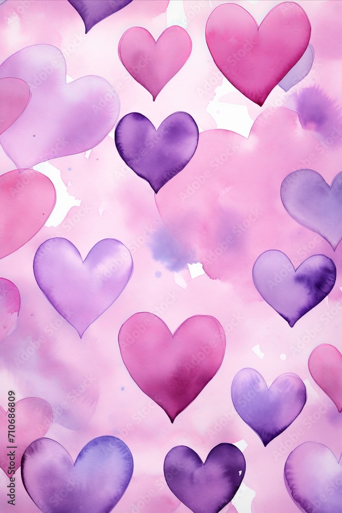 Watercolor Pink Hearts on White Background
