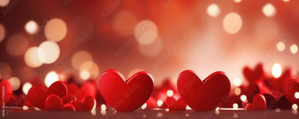 Banner with hearts and bokeh lights on red background, dreamy and romantic atmosphere for Happy Valentine's Day