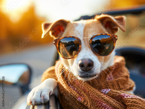 dog in a convertible with sunglasses and scarf