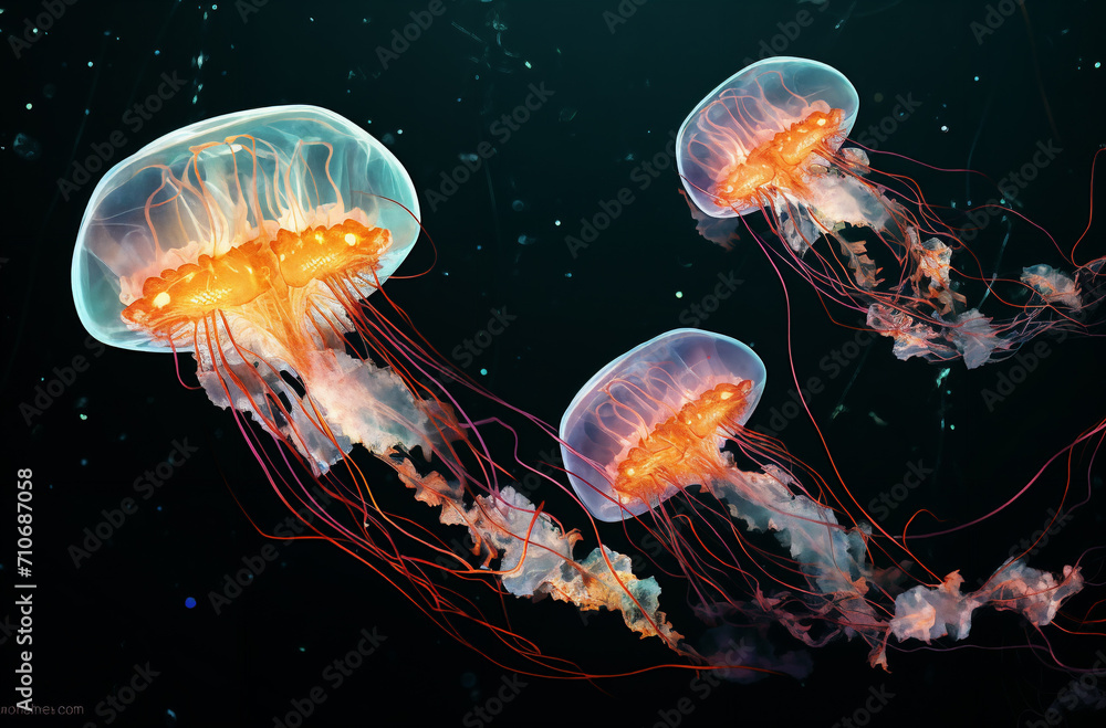 a group of jellyfish swimming in the ocean together in the water, with a black background and a yellow center, generative ai a group of jellyfish swimming in the ocean together in the water, with a black background and a yellow center, generative ai