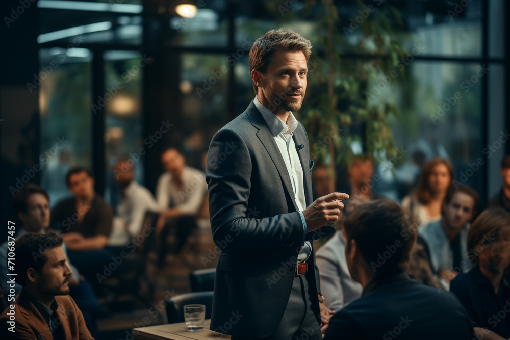 A businessman confidently leading a negotiation session, showcasing strategic thinking and effective communication skills essential for successful business deals. - obrazy, fototapety, plakaty 