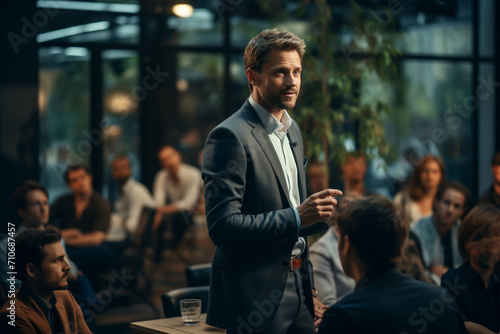 A businessman confidently leading a negotiation session, showcasing strategic thinking and effective communication skills essential for successful business deals. photo