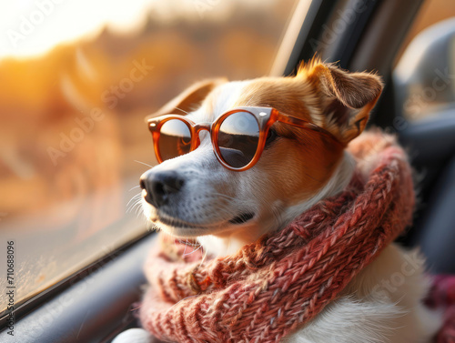 dog in a convertible with sunglasses and scarf © Comofoto