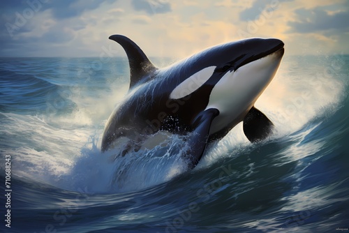 A majestic orca breaching the surface of the ocean, water cascading off its powerful form. © Animals