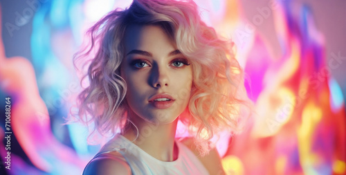 a woman with blonde hair and blue eyes posing for a picture in front of a colorful background with lights, generative ai