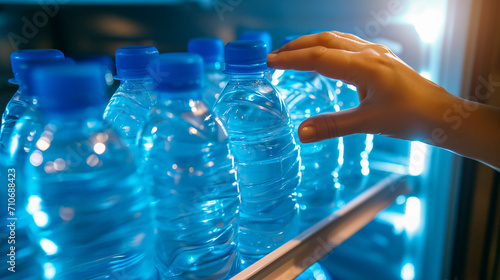 Hand  taking out a water bottle or mineral water from refrigerator or a fridge on hotel or bed room or supermarket. Drinking water is beneficial to health.  photo
