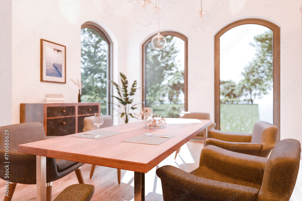 comfortable and modern dining and living room interior; rural design; bright sunlightl in ; 3D rendering comfortable and modern dining and living room interior; rural design; bright sunlightl in ; 3D rendering