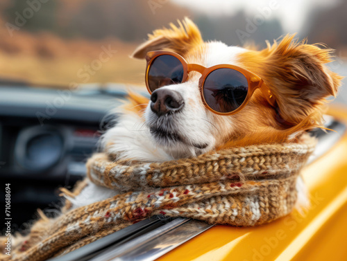 dog in a convertible with sunglasses and scarf © Comofoto