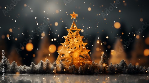 Radiant Festivity: Christmas Tree with Star Sparkle Particle Yellow Glow