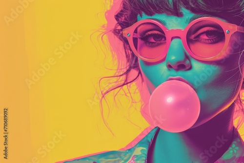 a pulp portrait of a young girl blowing a bubble  gum , posing on camera, nostalgic retro 80s mood photo