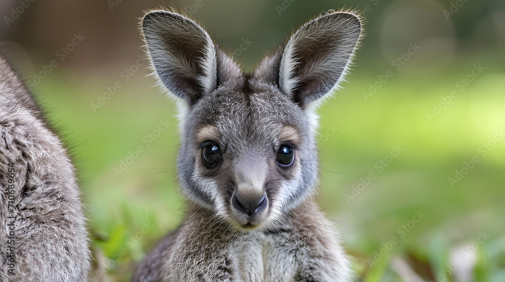 Fototapeta premium portrait of a kangaroo, an adorable image of a baby kangaroo peeking out from its mother's pouch, symbolizing maternal love and protection