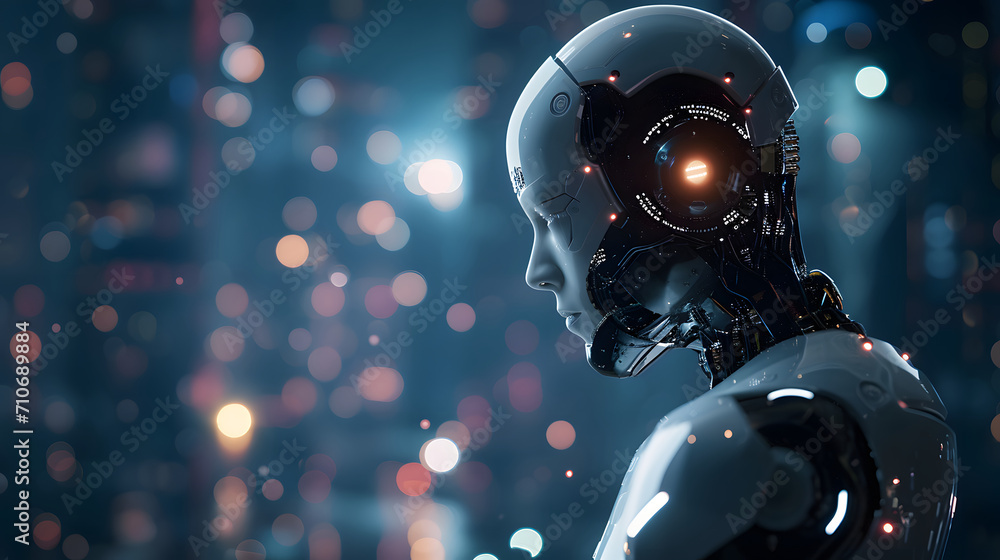 Fototapeta premium Advanced Humanoid Robot Head Profile with Futuristic Interface