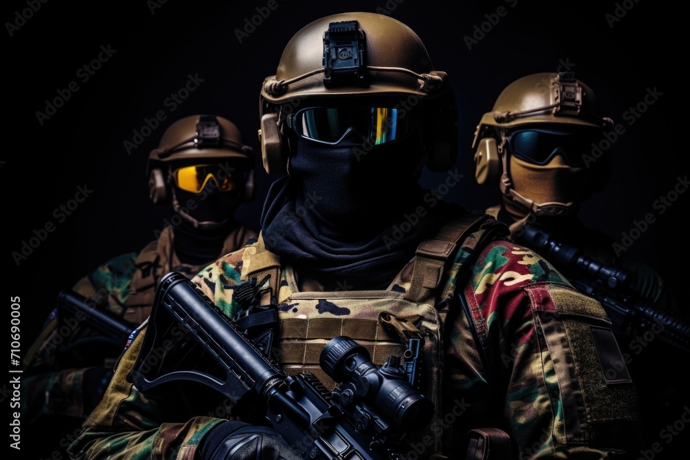 a three army soldiers wearing mask standing with holding the sniper rifle on black background