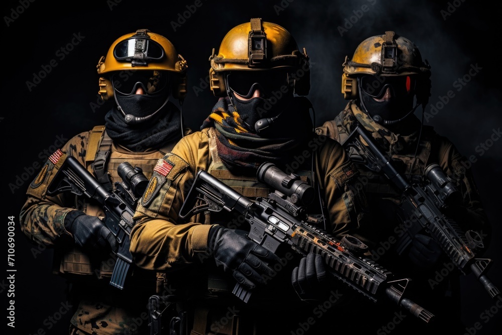 a three army soldiers wearing mask standing with holding the sniper rifle on black background