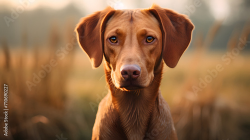 Portrait of a Brown Dog at Sunset in a Field