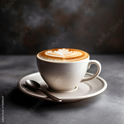 Cup of cappuccino on the table with  gray and brown background.