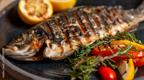 Grilled Dorado Fish on a Plate with Lemon and Tomato Garnish