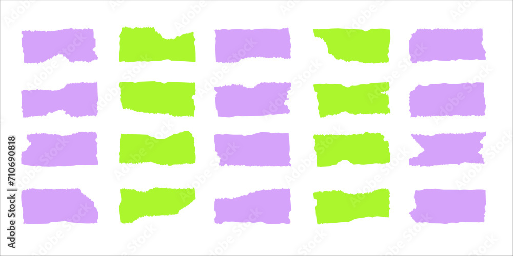 Vector icons of text boxes with ribbed edges. Purple and green colored wavy torn rectangles on white backdrop Vector icons of text boxes with ribbed edges. Purple and green colored wavy torn rectangles on white backdrop