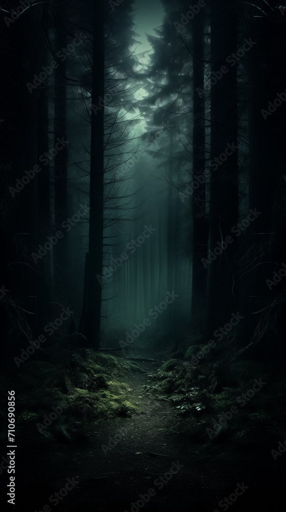 Naklejka premium Fog in the misty woods at night in the dark scary park