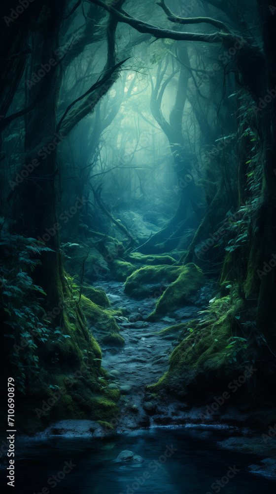Dark blue background with water and path in the forest Dark blue background with water and path in the forest