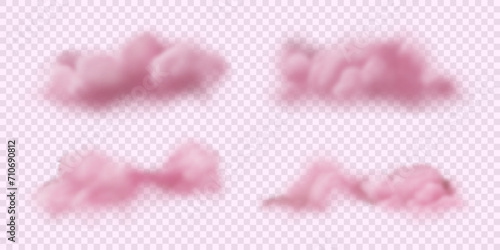Set of realistic pastel colored pink clouds. Fluffy liquid sky icons isolated on transparent backdrop