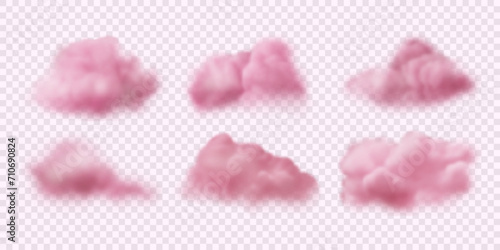 Set of vector realistic fluffy pink clouds. 3d soft sky isolated on transparent backdrop