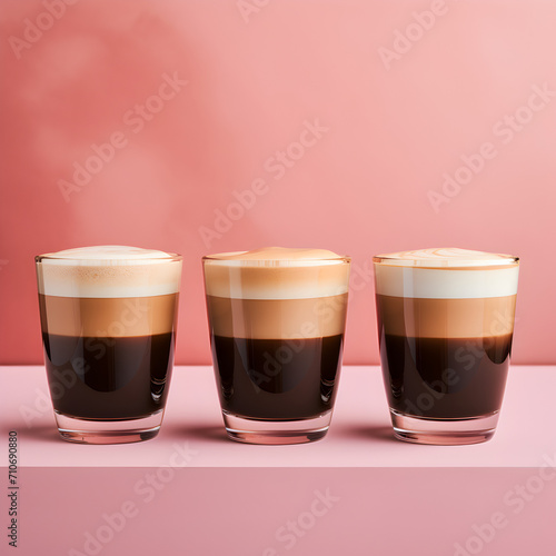 Three glasses of coffees in a pink background.