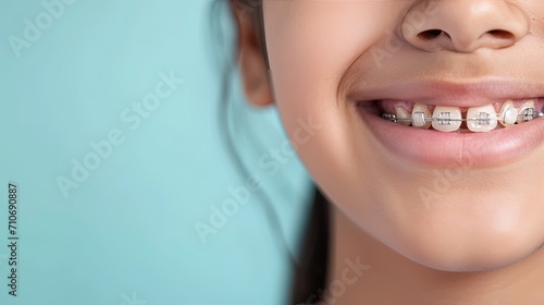 Beautiful smile of a girl with braces on her teeth on blue background, straight teeth using orthodontic technologies. Advertising dentistry, orthodontic services	 photo