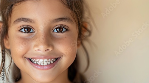 Indian young girl 8 years old in braces smiles happily. Taking care of dental health, oral hygiene	 photo