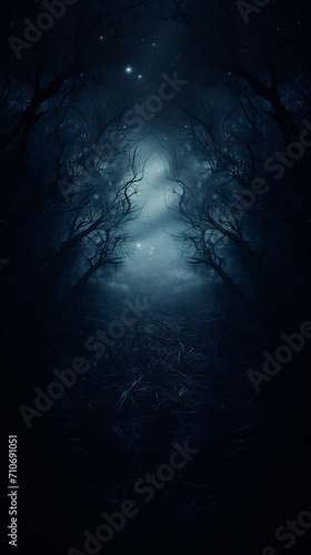 Moon and stars in the dark in the night blue forest 