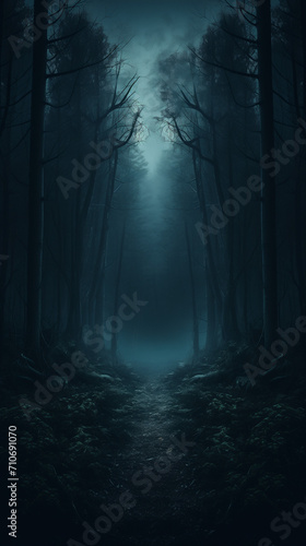 Misty night in the woods, creepy landscape 
