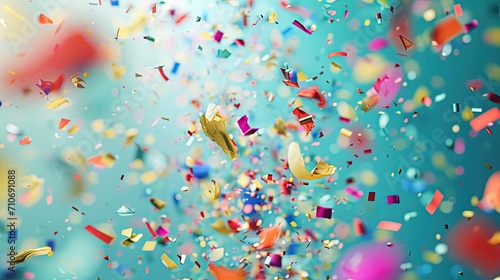 Colorful pink paper confetti on blue background	