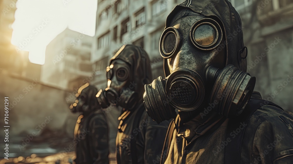 People in gas masks on the street, post-apocalyptic time, polluted air, dirty planet, lack of oxygen and natural climate disaste People in gas masks on the street, post-apocalyptic time, polluted air, dirty planet, lack of oxygen and natural climate disaste