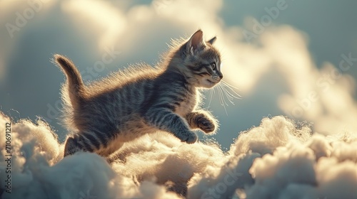 Cat sitting on a white cloud, kitten in heaven, reincarnation after life © Natalia S.