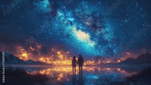 A couple in love holds hands and looks at the endless starry sky and the milky way, walking into the future together with love