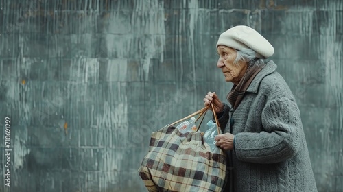 Poor lonely old lady returns home with a hard bag of collected plastic bottles to donate them	
