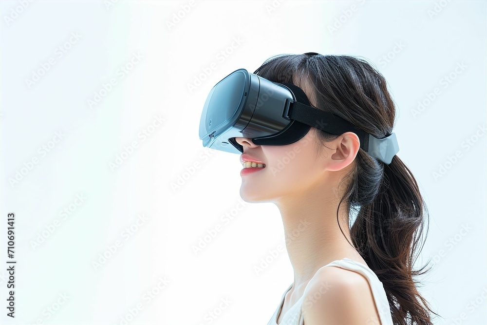 VRゴーグルをつけた日本人の女性のメタバースイメージ(メタバース・VR・バーチャルリアリティ・教育) VRゴーグルをつけた日本人の女性のメタバースイメージ(メタバース・VR・バーチャルリアリティ・教育)