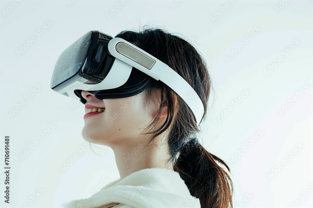 VRゴーグルをつけた日本人の女性のメタバースイメージ(メタバース・VR・バーチャルリアリティ・教育) VRゴーグルをつけた日本人の女性のメタバースイメージ(メタバース・VR・バーチャルリアリティ・教育)