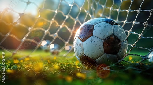 A soccer ball being kicked into a goal in flight. World Cup of football