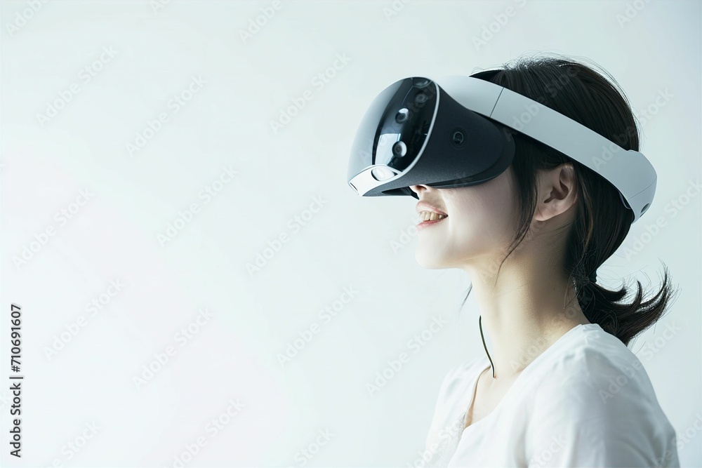 VRゴーグルをつけた日本人の女性のメタバースイメージ(メタバース・VR・バーチャルリアリティ・教育) VRゴーグルをつけた日本人の女性のメタバースイメージ(メタバース・VR・バーチャルリアリティ・教育)