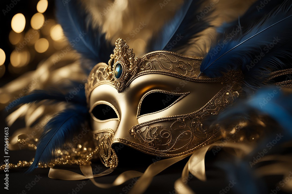 Blue and gold Venetian carnival mask with feathers, copy space