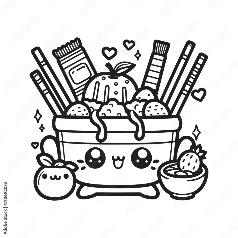 kawaii food coloring page Vector doodle illustration with Hand-drawn ...